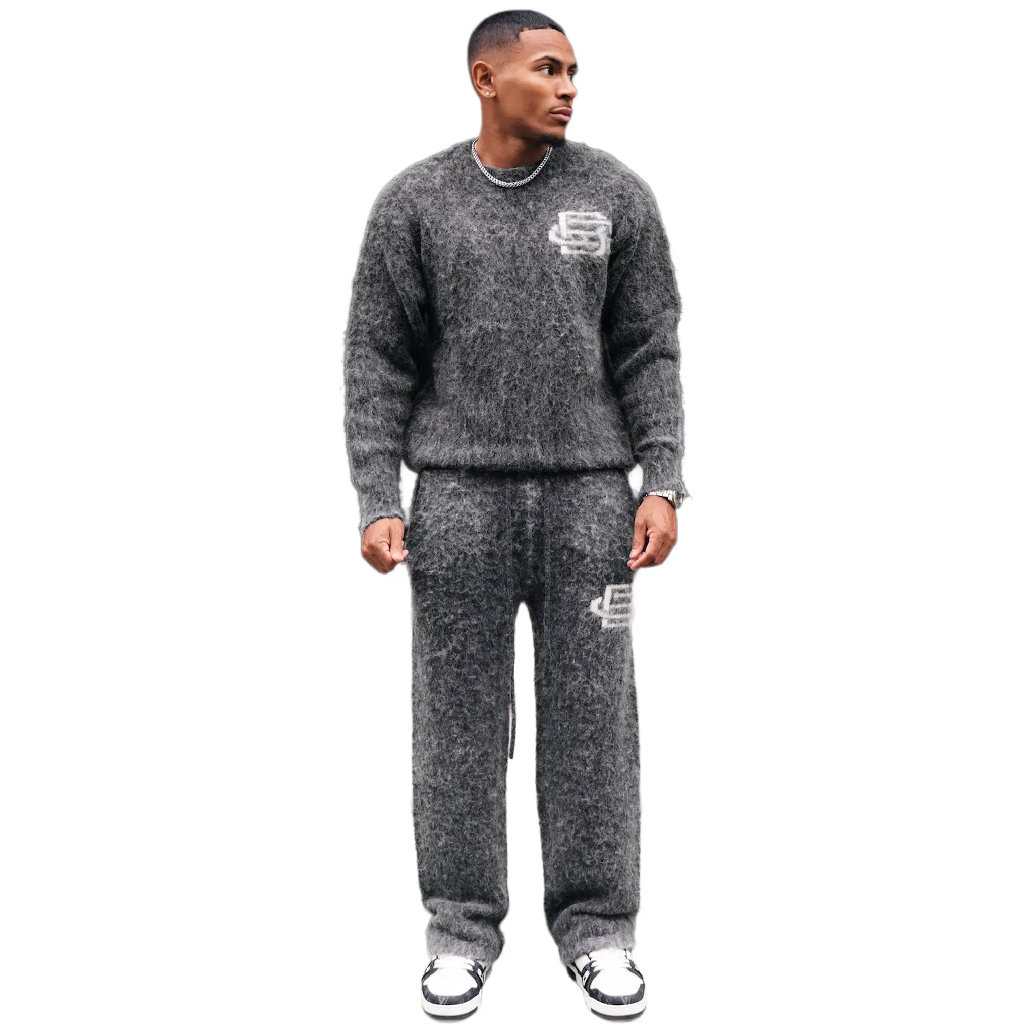 Model View of Bénir Clothing Mohair Knit BC Charcoal Sweatpants MOJOGCHAR